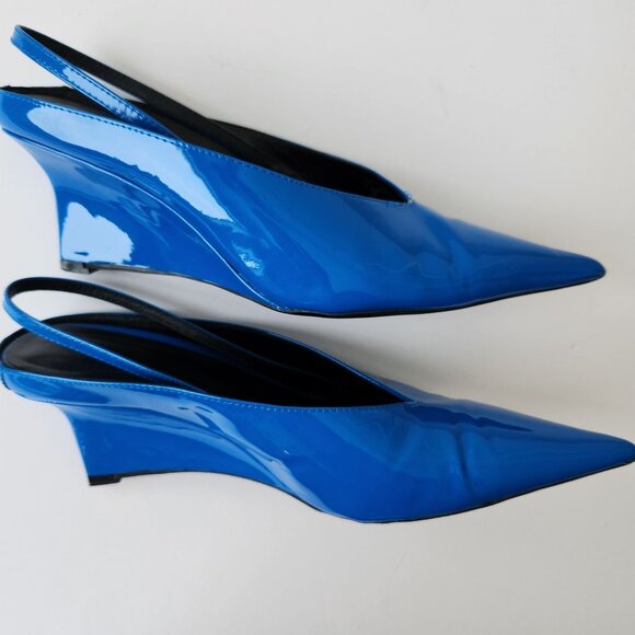 Zara Blue Patent Leather Pointed Toe Kitten Heel Wedge Slingback Shoes Size 38 - Picture 5 of 16